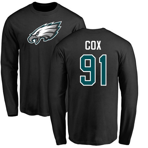 Men Philadelphia Eagles #91 Fletcher Cox Black Name and Number Logo Long Sleeve NFL T Shirt